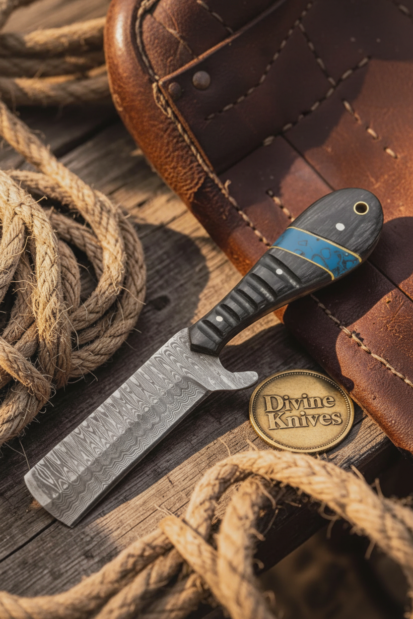 Micarta and Turquoise Bull Cutter with Scale Pattern Damascus Blade
