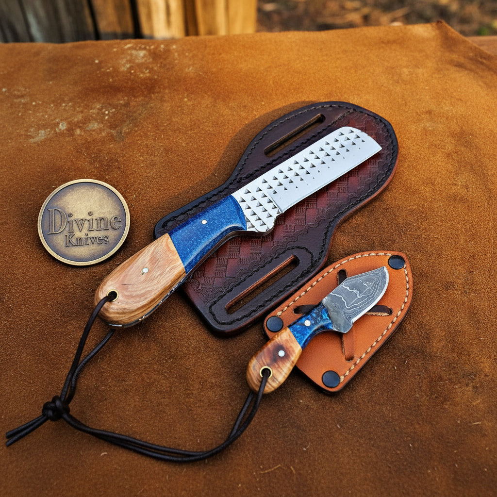 Rasp Steel Bull Cutter & Mini Neck Knife Set with Ridge Blue Resin