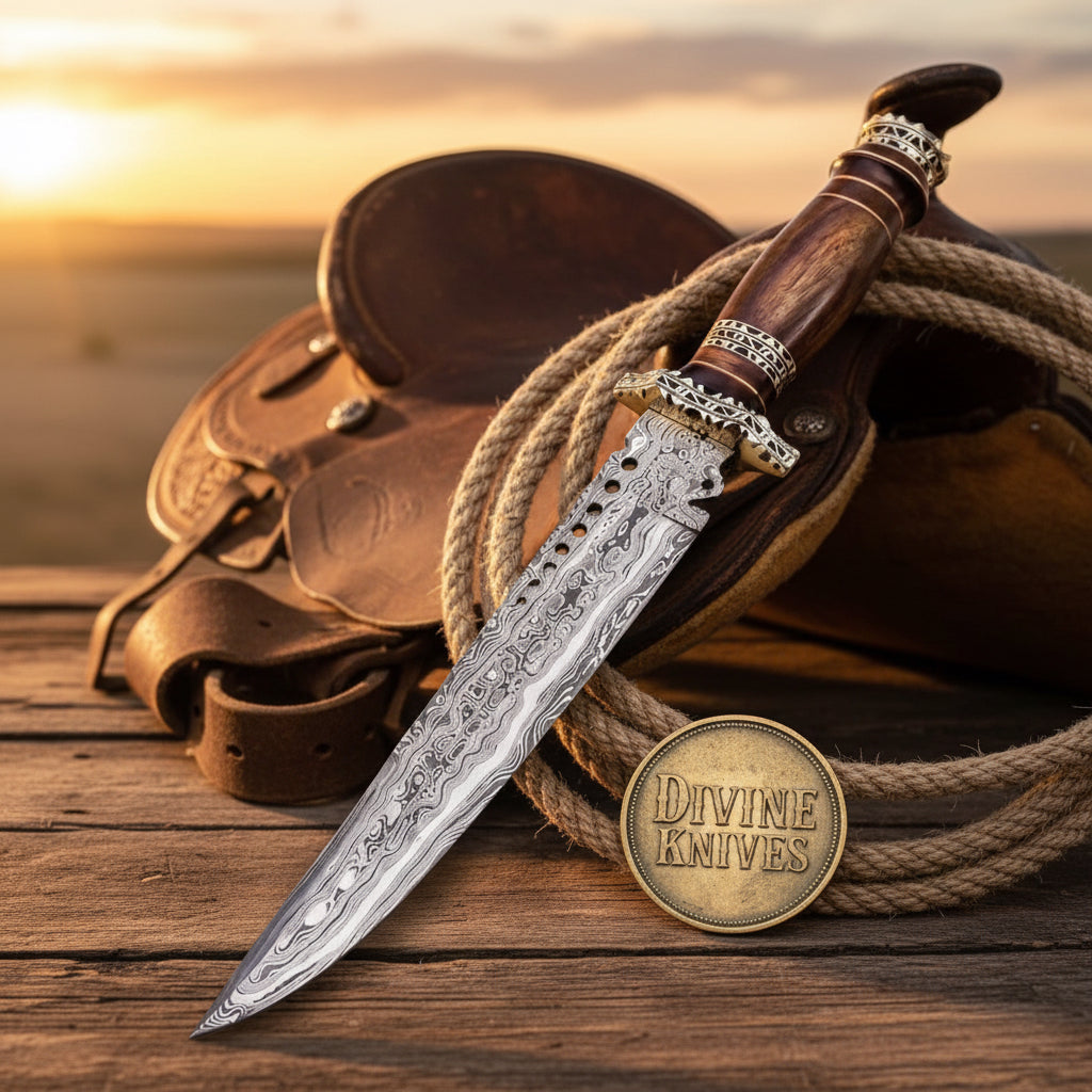 Ornate Filigree Damascus Bowie with Pierced Spine and Burl Wood Handle