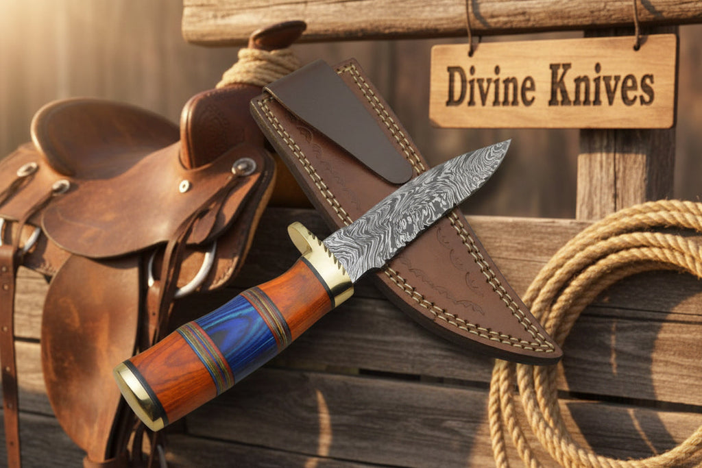 Multi Color Wood Damascus Knife with Brass Bolster Detailing