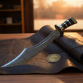 Striped Horn Handle Scimitar Bowie Knife with Sweeping Curved Damascus Blade