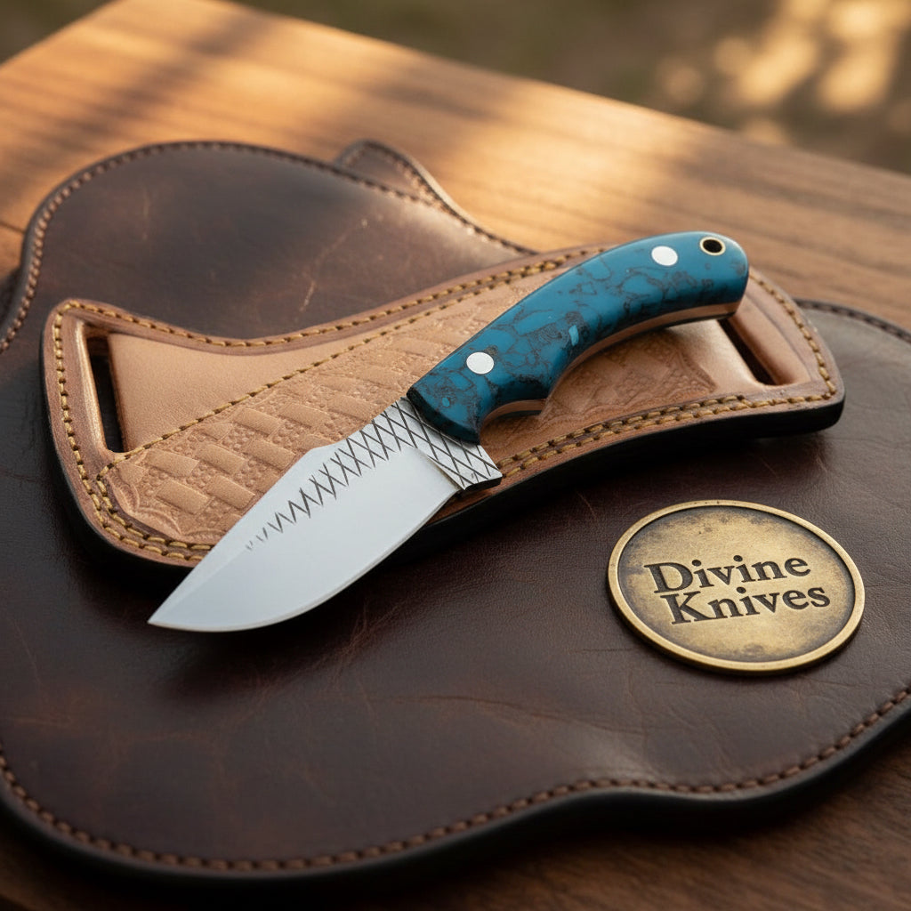 Turquoise Marble Rasp Cowboy Knife with Curved Rasp-Style Blade