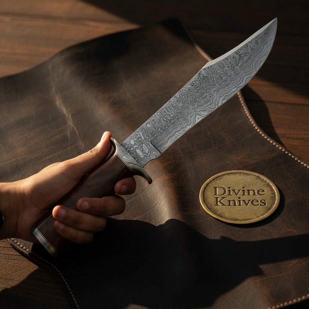 Damascus Rosewood Clip-Point Classic Bowie with Contoured Wood Handle
