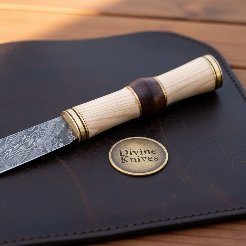 Barrel Grip Damascus Broken-Back Seax Knife with Bone and Wood Handle