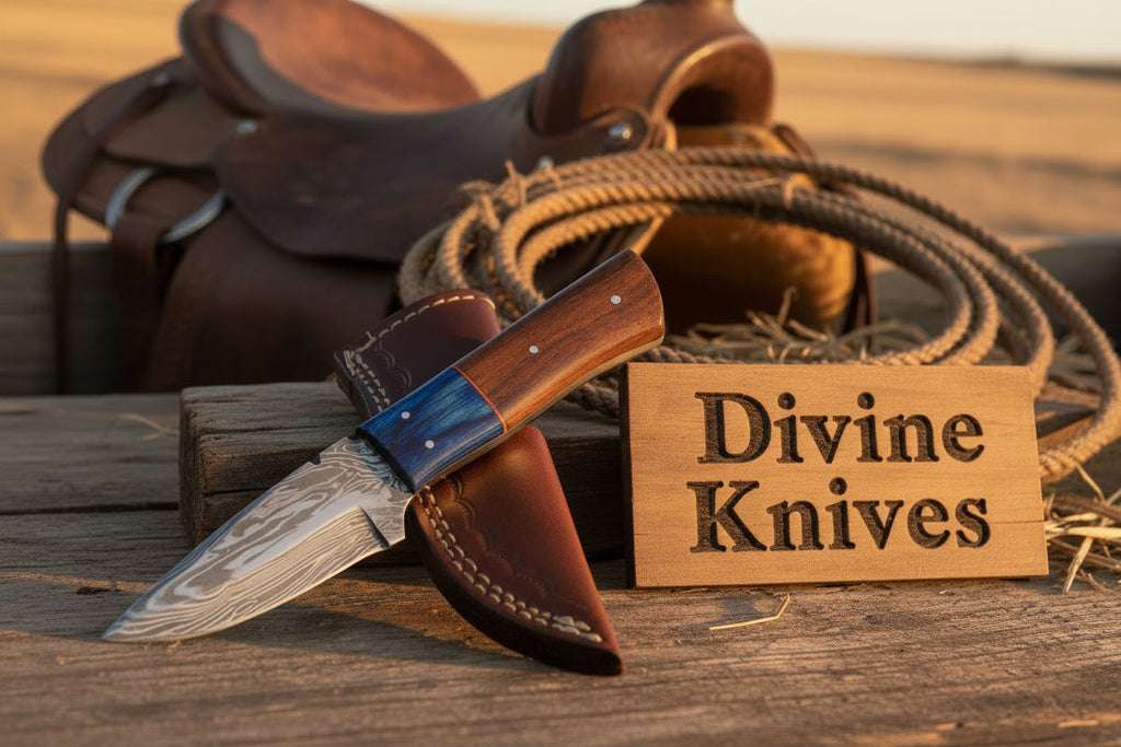 Two-Tone Blue Accent Damascus Knife with Warm Tan Wood Handle