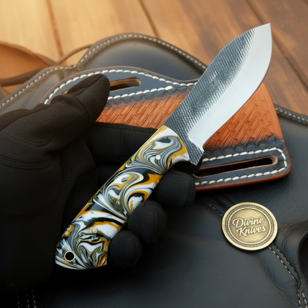 Orange Swirl Resin Rasp Skinner Knife with Tooled Leather Sheath