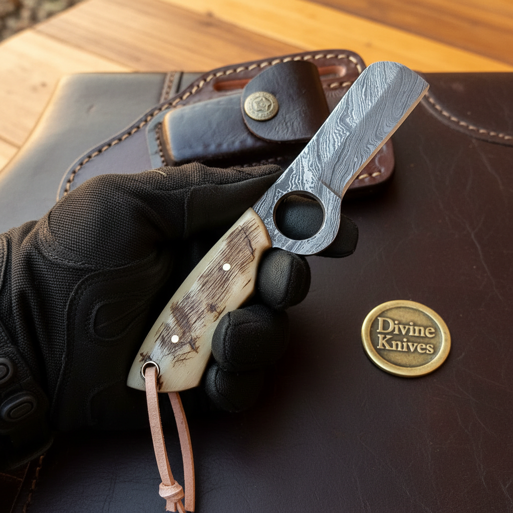 Loop Hole Ram Horn Damascus Bull Cutter with  Compact Layered Blade