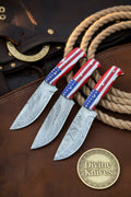 Damascus Skinner Knife Set with American Flag Handles (Set of 3)