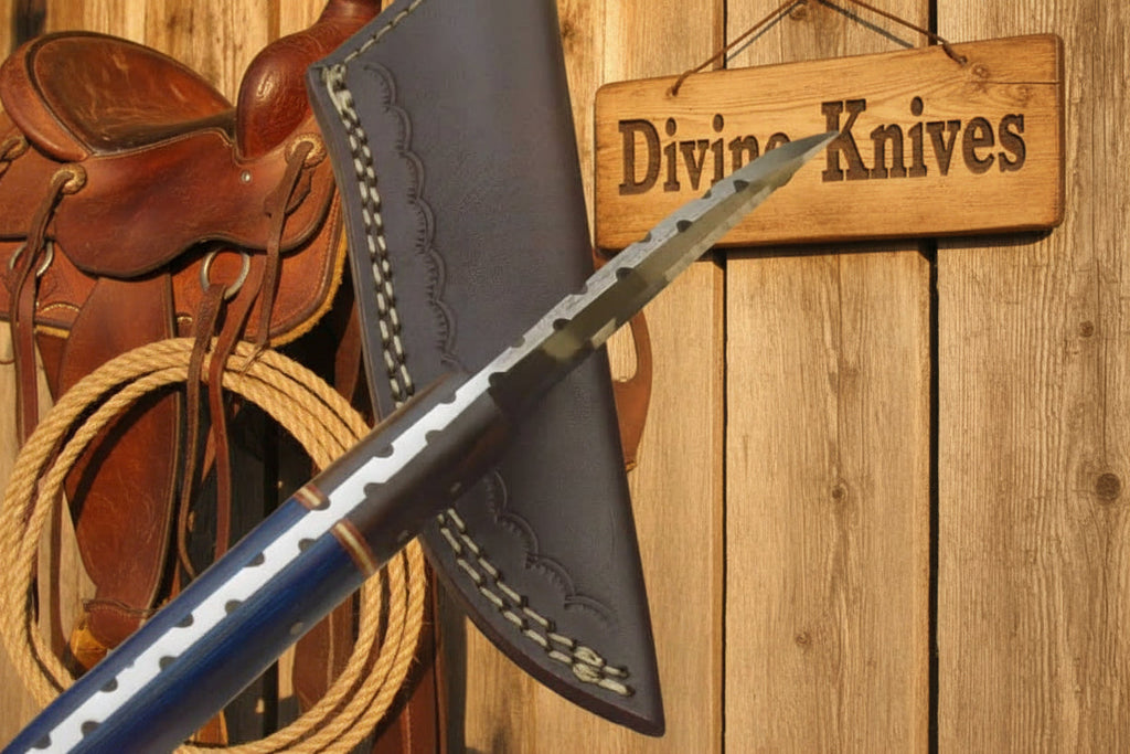Blue Pakka Wood Damascus Knife with Contrasting Dark Wood Spacer