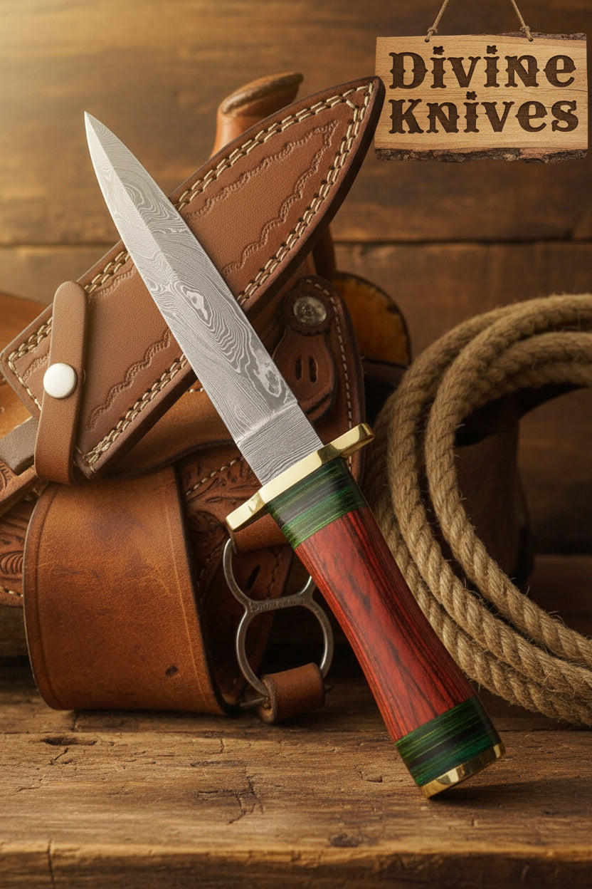 Minimalist Dark Wood Damascus Knife with a Single Green Ring Detail