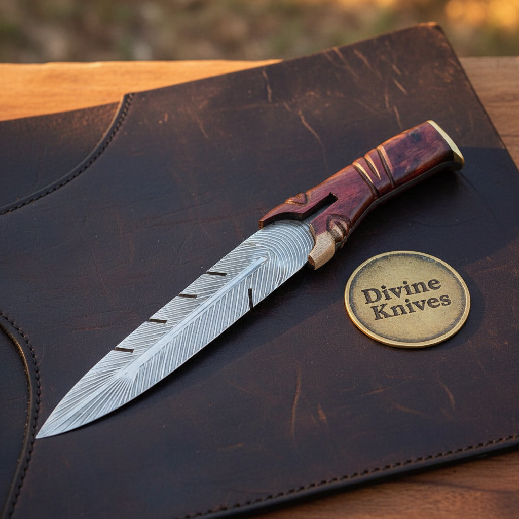 Quillspine Burl Wood Feather-Shaped Damascus Dagger with Carved Red Burl Handle