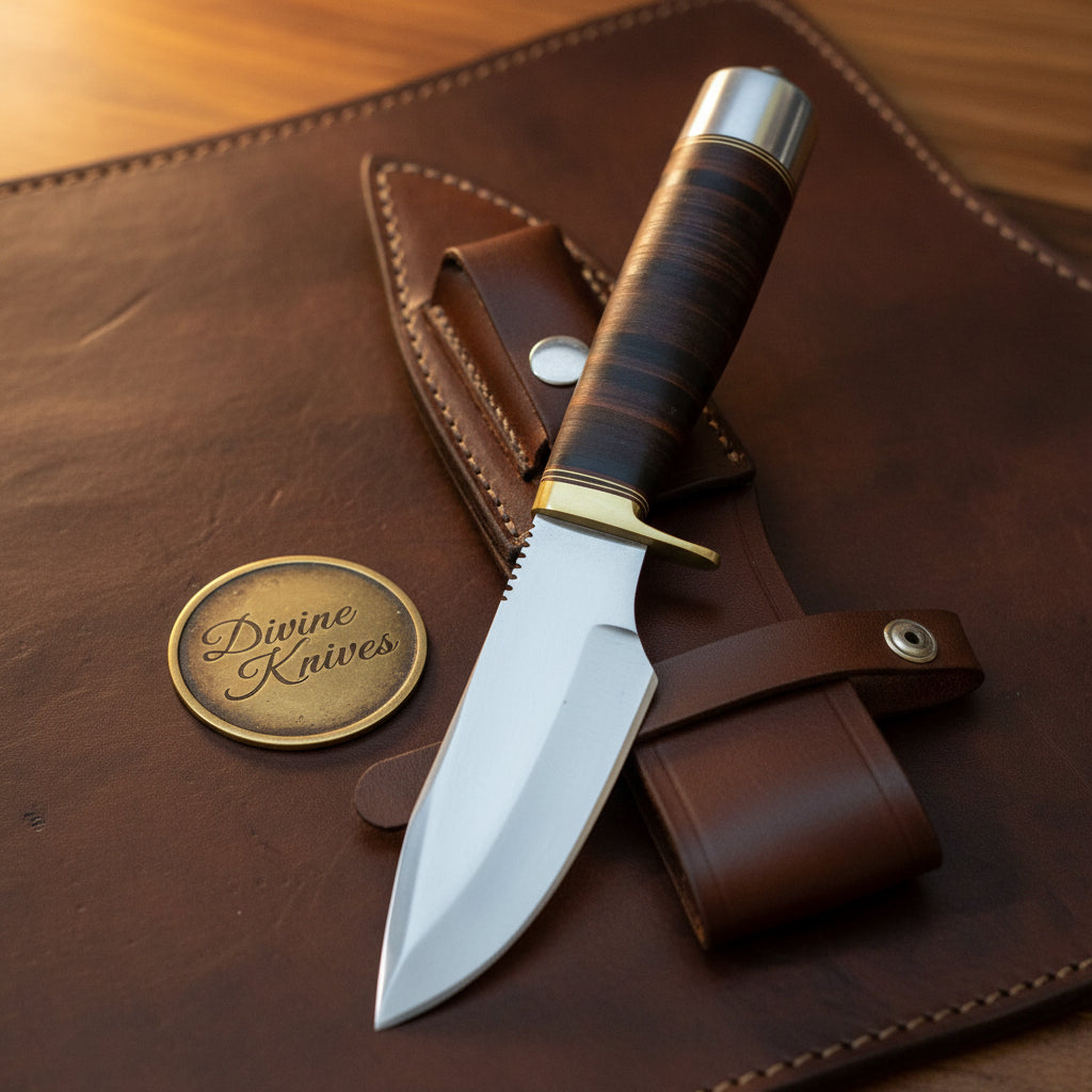 Classic Randall-Style Camp Knife with Stacked Leather Sheath