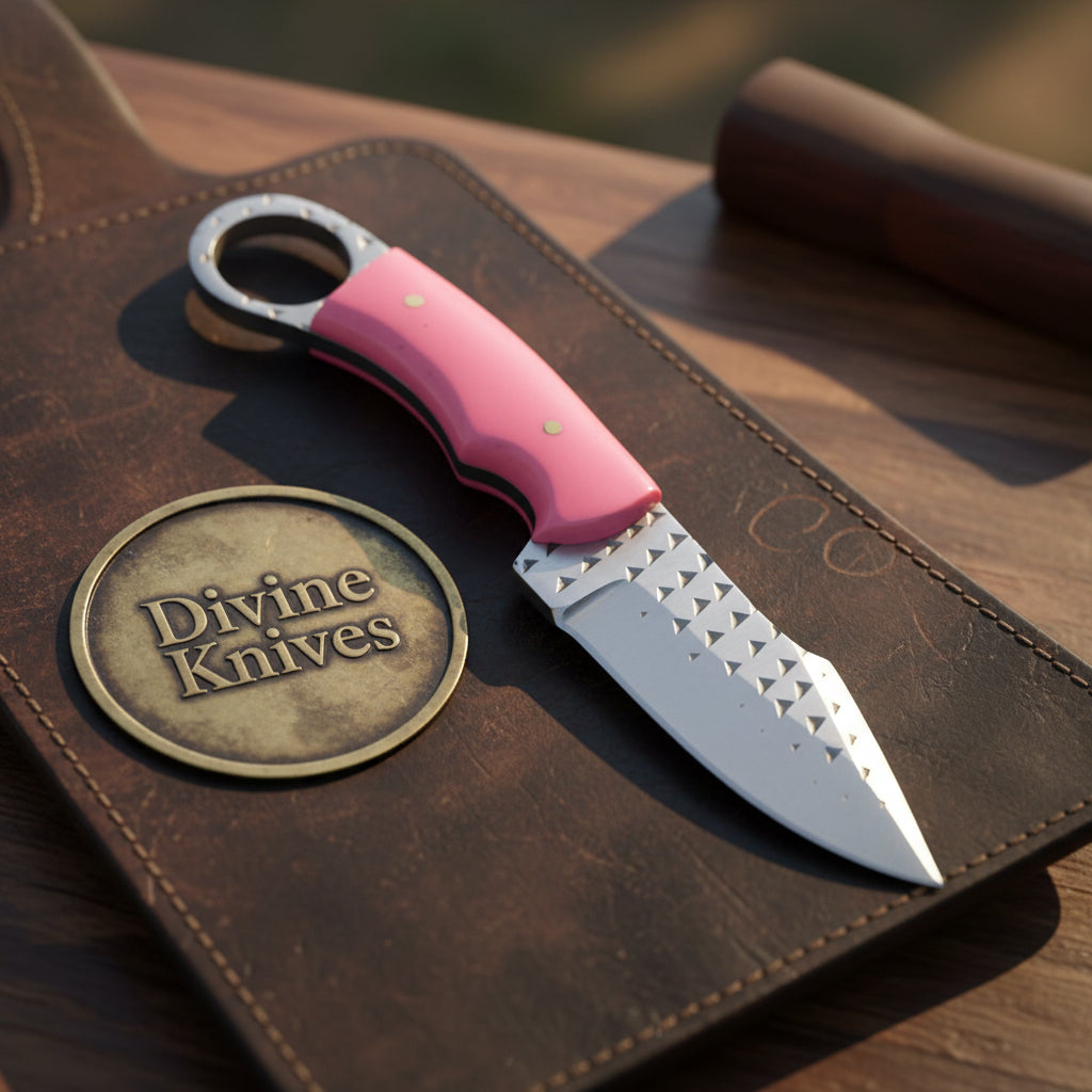 Pink Resin Rasp Ring Skinner Knife with Rasp File Blade