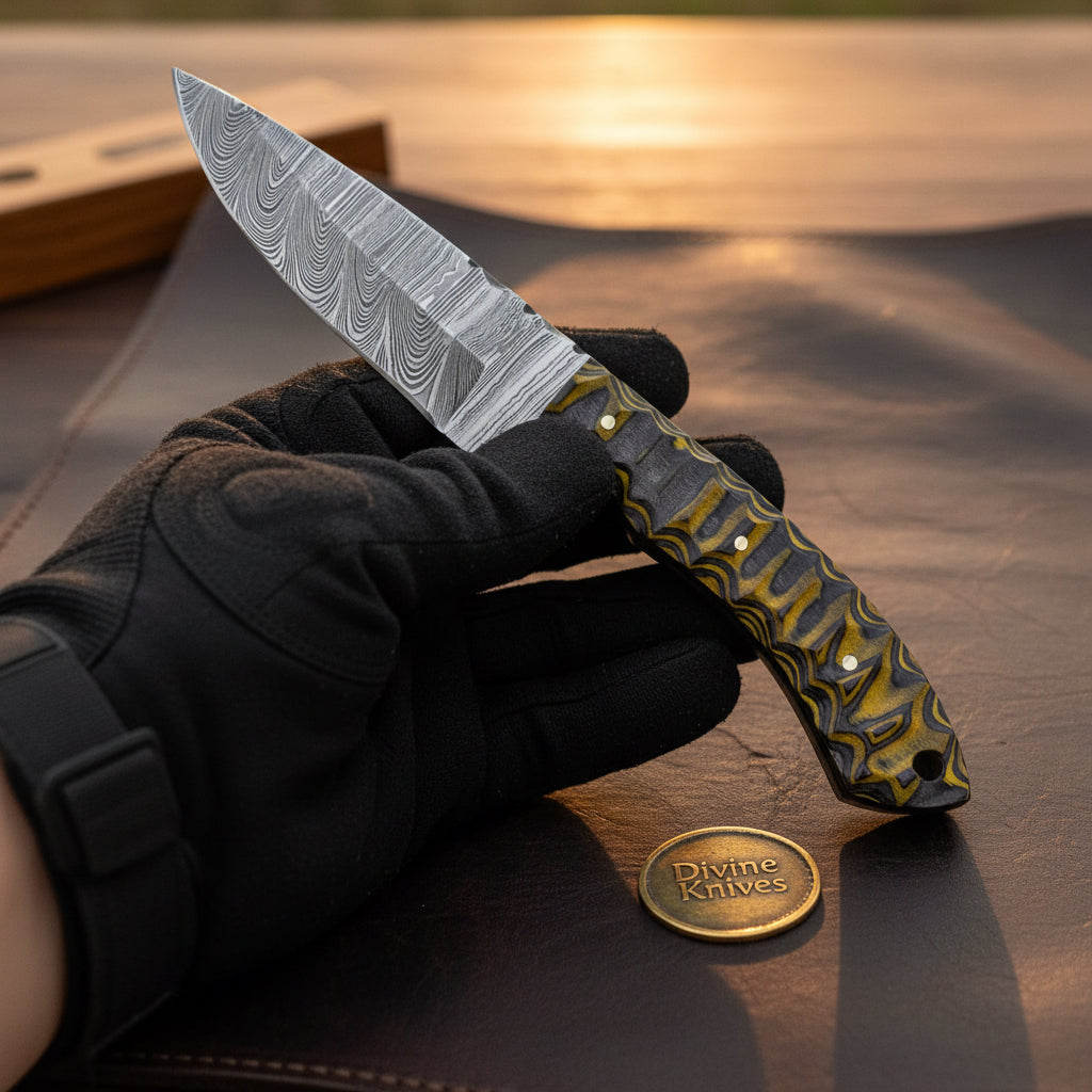 Damascus Sculpted Wood Hunter Knife with Carved Wave Handle