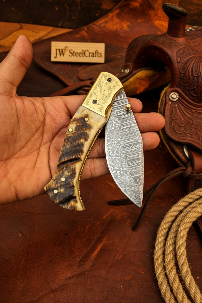 Stagline Damascus Folder 7" Handmade Horn Handle Damascus Bolster