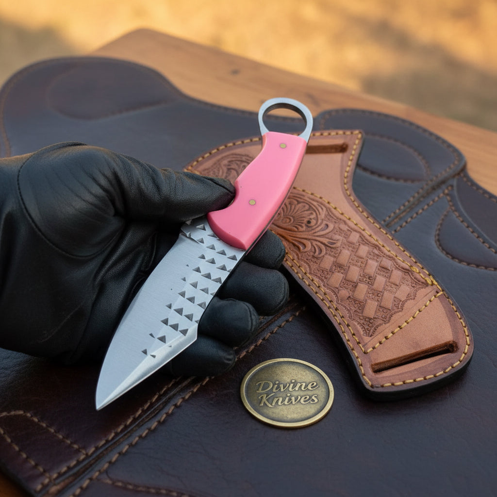 Pink Resin Rasp Ring Skinner Knife with Rasp File Blade