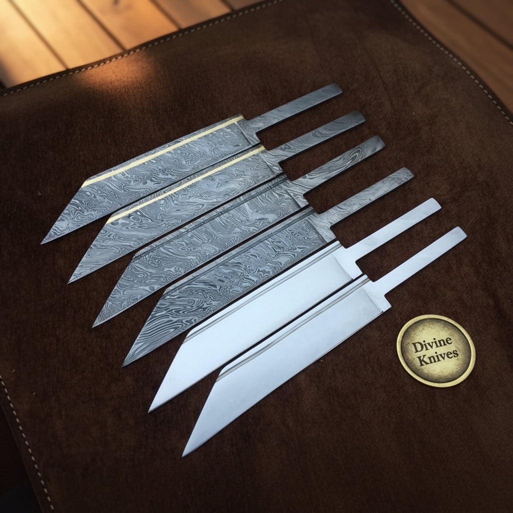 6-Piece Damascus & Carbon Steel Seax Blade Blank Set