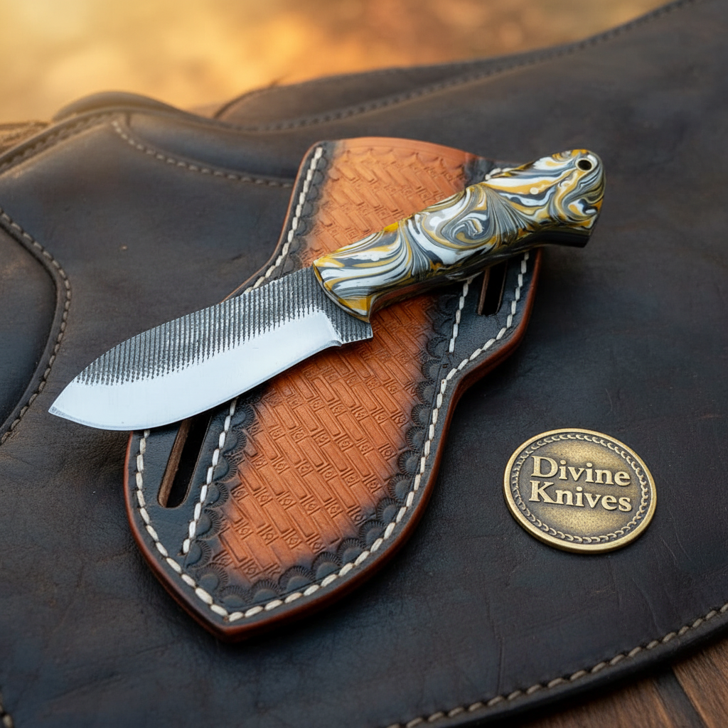Orange Swirl Resin Rasp Skinner Knife with Tooled Leather Sheath
