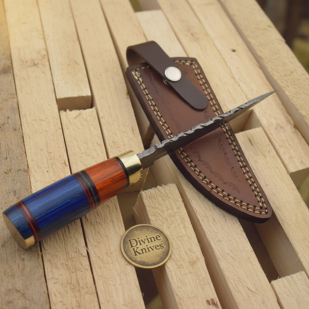 Multi Color Wood Damascus Knife with Brass Bolster Detailing