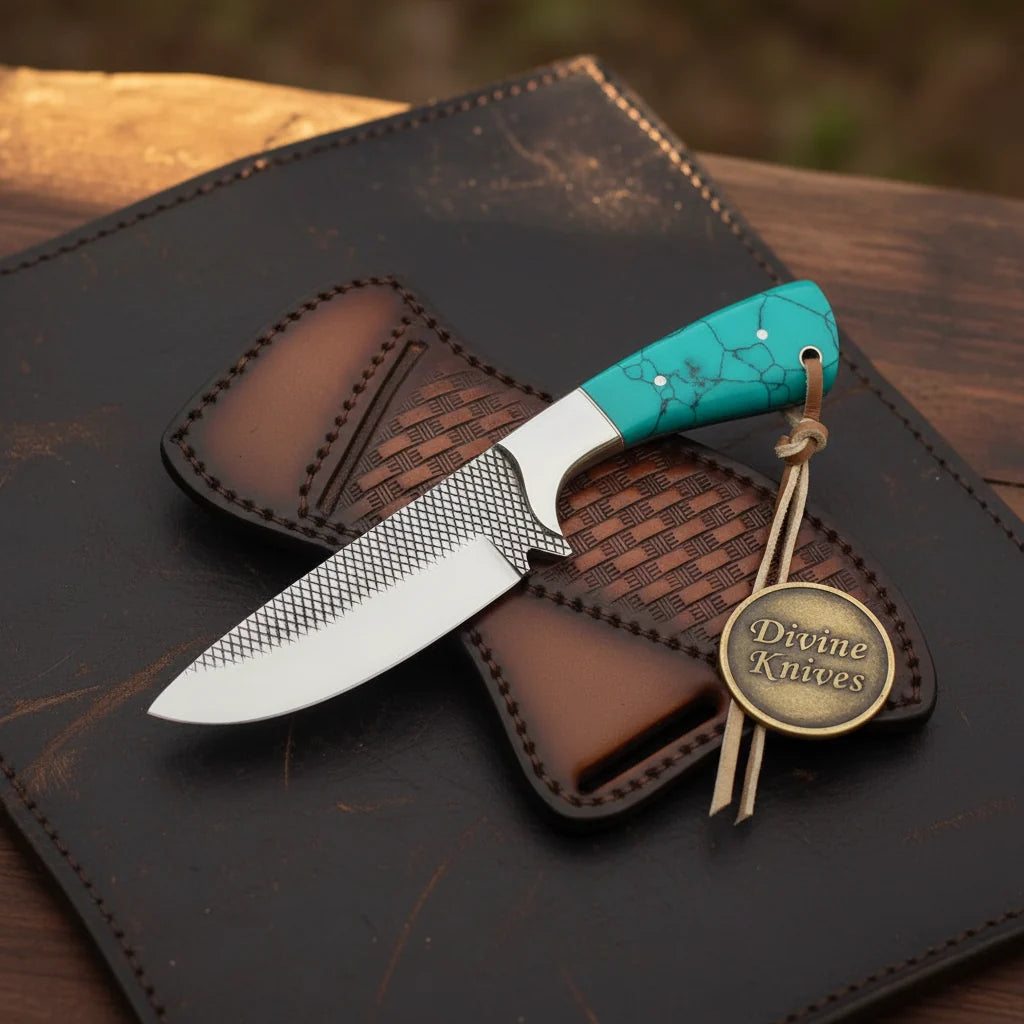 Turquoise Stone Skinner Knife with Cross-Hatch Blade for Hunters and Outdoor Users