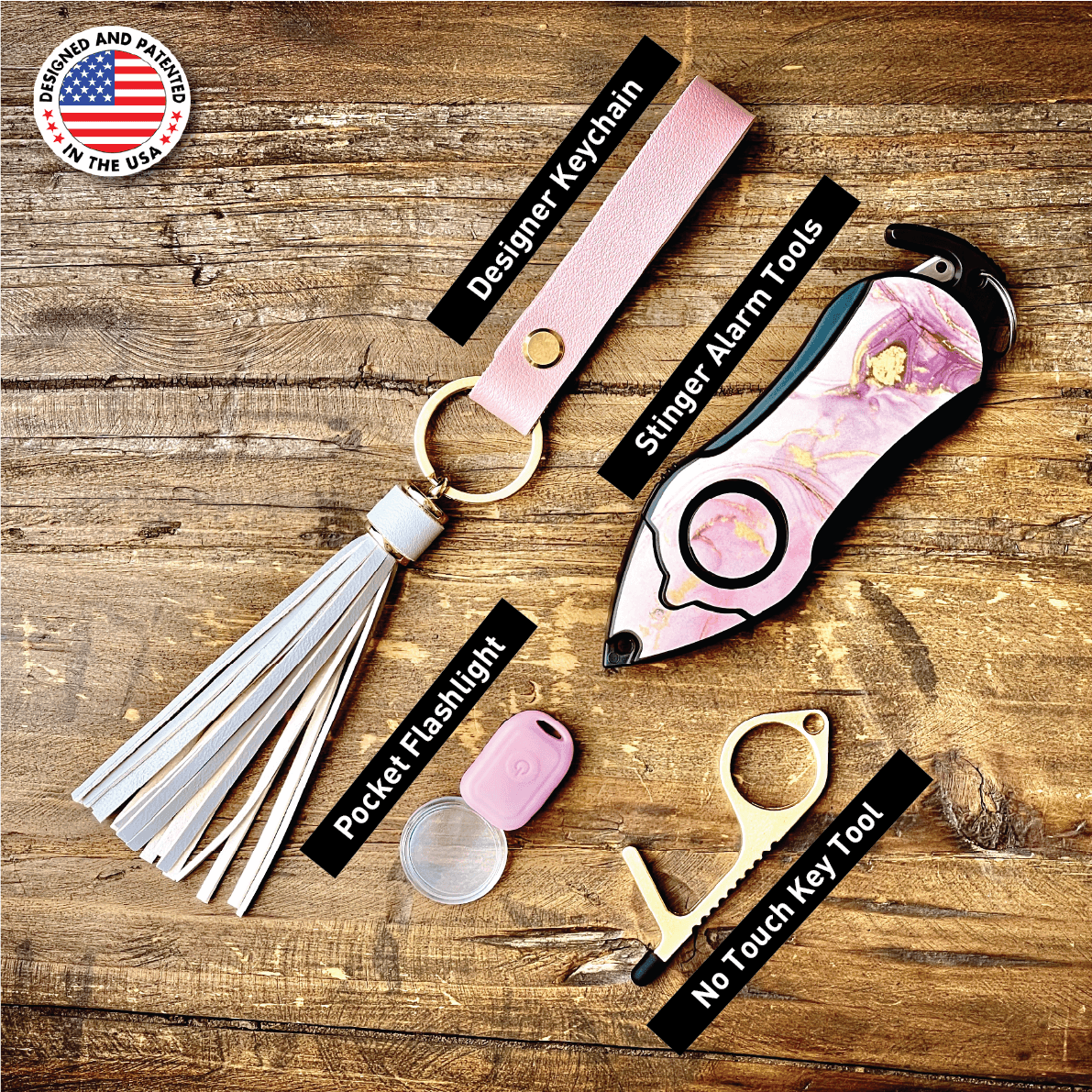 Personal Alarm Keychain Set: Safety Panic Alarm Siren, Seatbelt Cutter, Car Window Breaker, Wristlet Keychain, Contactless Key Tool, Pocket Flashlight (Pink Marble)