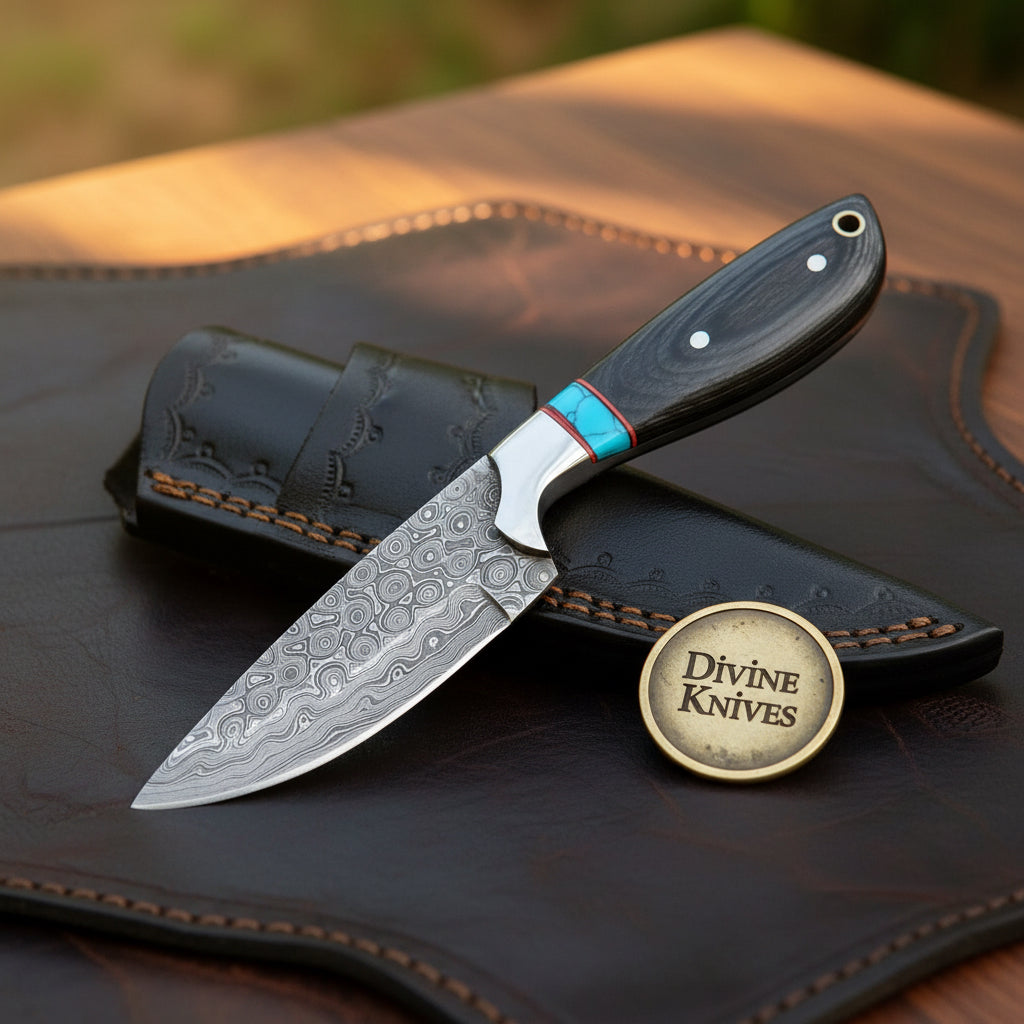 Damascus Turquoise Inlay Black Micarta Hunter with Leather Sheath