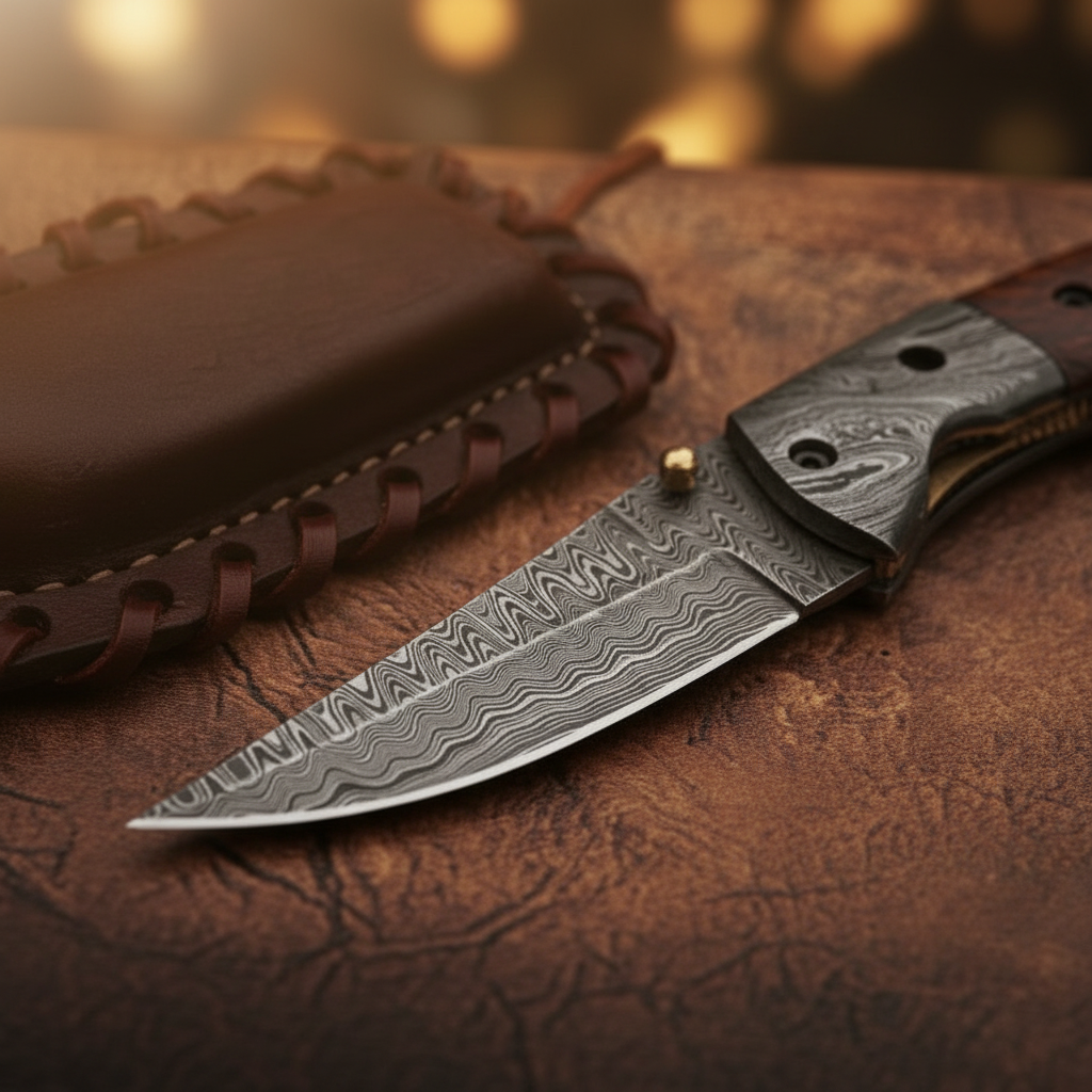 Rosewood Pocket Folding Knife with Forged Bolsters and Laced Leather Belt Pouch