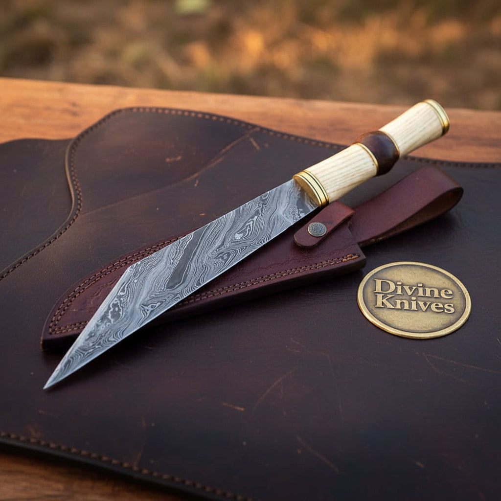 Barrel Grip Damascus Broken-Back Seax Knife with Bone and Wood Handle