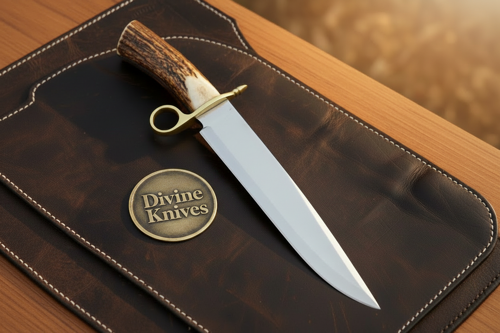 Ring Guard Stag Bowie Knife with Crown Antler Handle and Hand Laced Leather Sheath