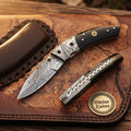 Buffalo Horn Lockback Folding Knife with Mosaic Inlay Pin and Laced Leather Pouch