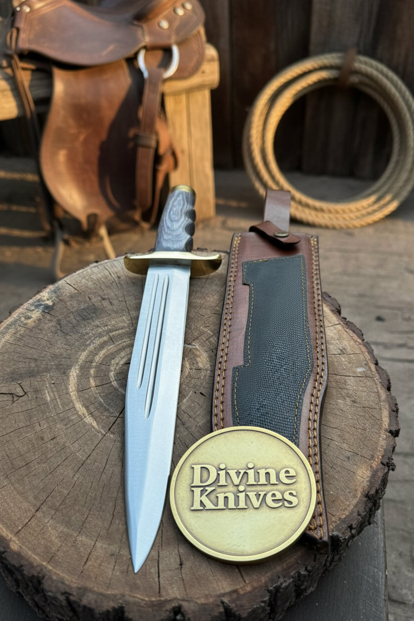 Brass Guard Damascus Dagger Display Knife with Leather Sheath