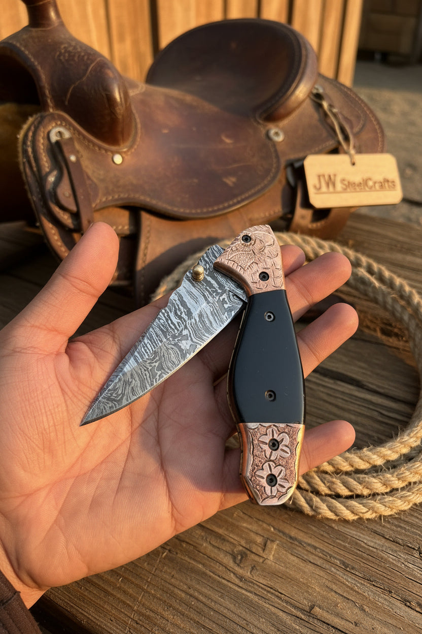 Duskhorn Damascus Folder 7.5" Handmade Micarta Handle Horn Bolster