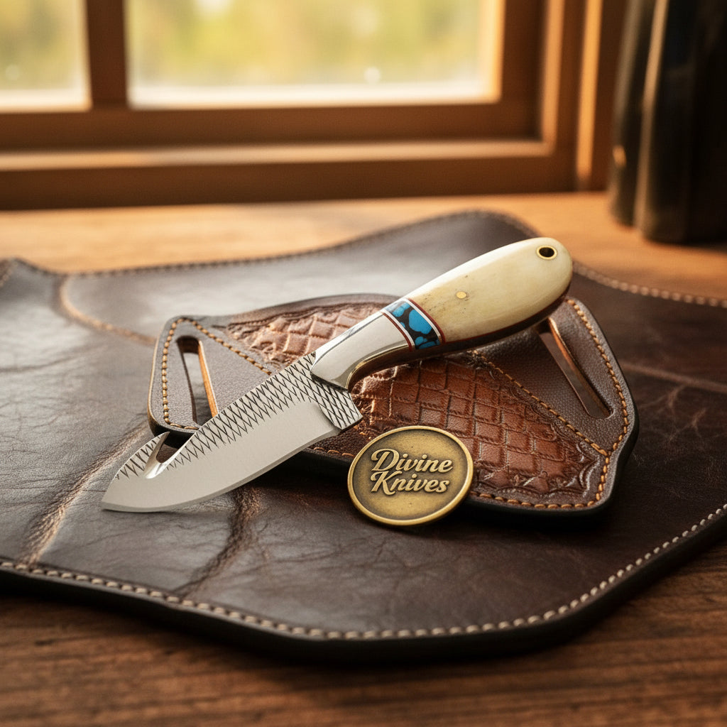Turquoise & Bone Rasp Gut Hook Knife with Rasp Steel Blade