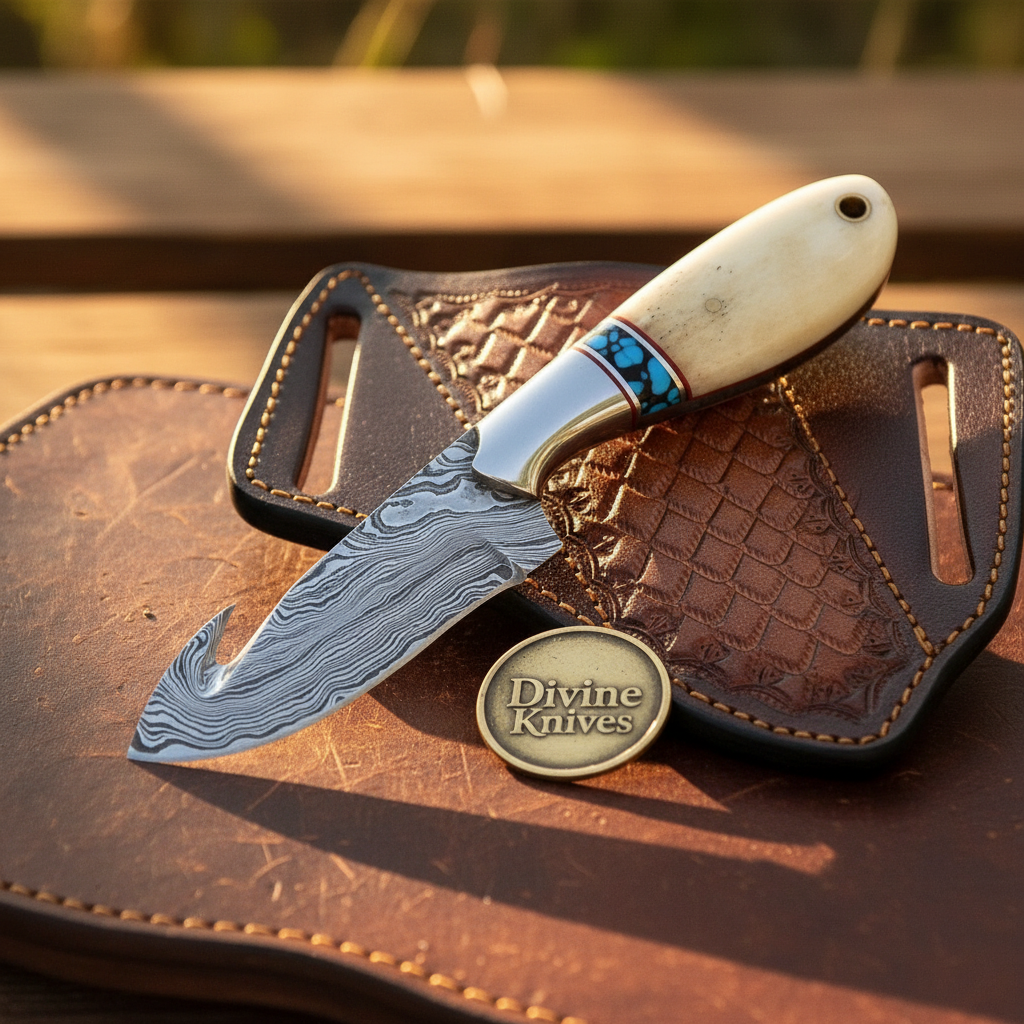 Damascus Turquoise Bone gut hook knife with Curved Handle