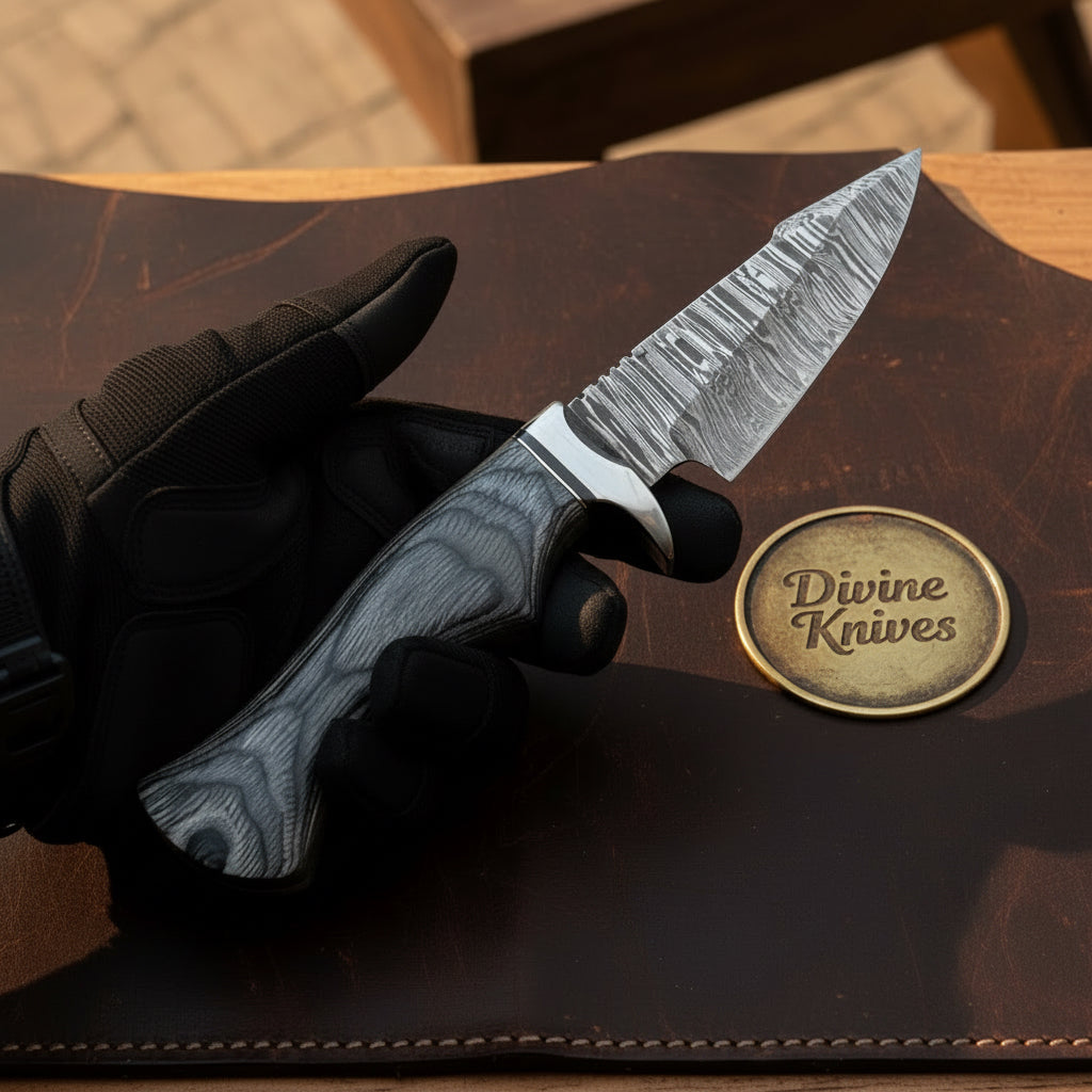 Grey Micarta Damascus Skinner Knife with Layered Blade