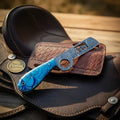 Blue Swirl Mini Bull Cutter Knife with Basket-Weave Sheath