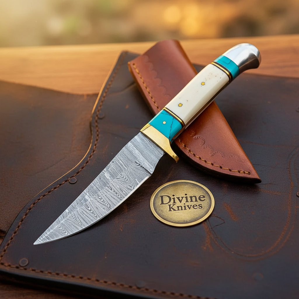 Turquoise Bone Damascus Hunter with Curved Blade