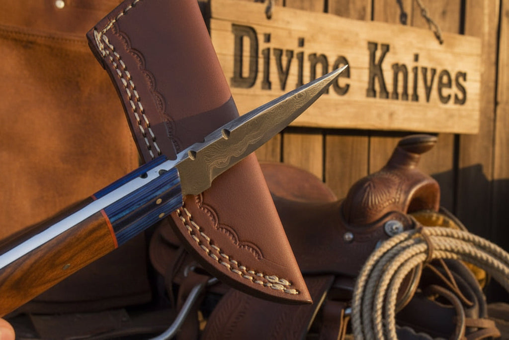 Two-Tone Blue Accent Damascus Knife with Warm Tan Wood Handle