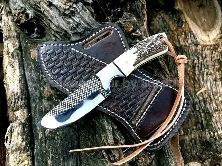 Stag Antler Cross-Hatch Skinner Knife for Field Dressing and Camp Use