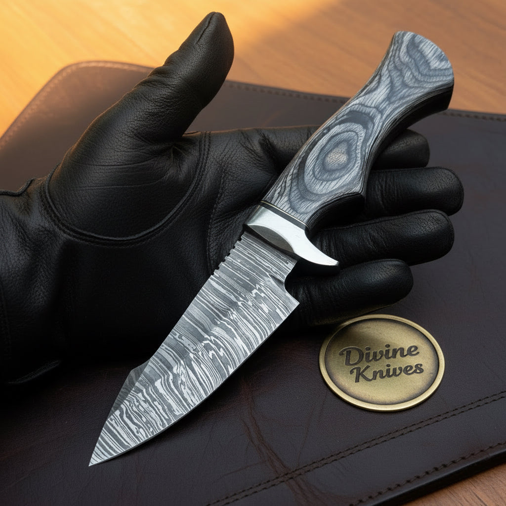 Grey Micarta Damascus Skinner Knife with Layered Blade