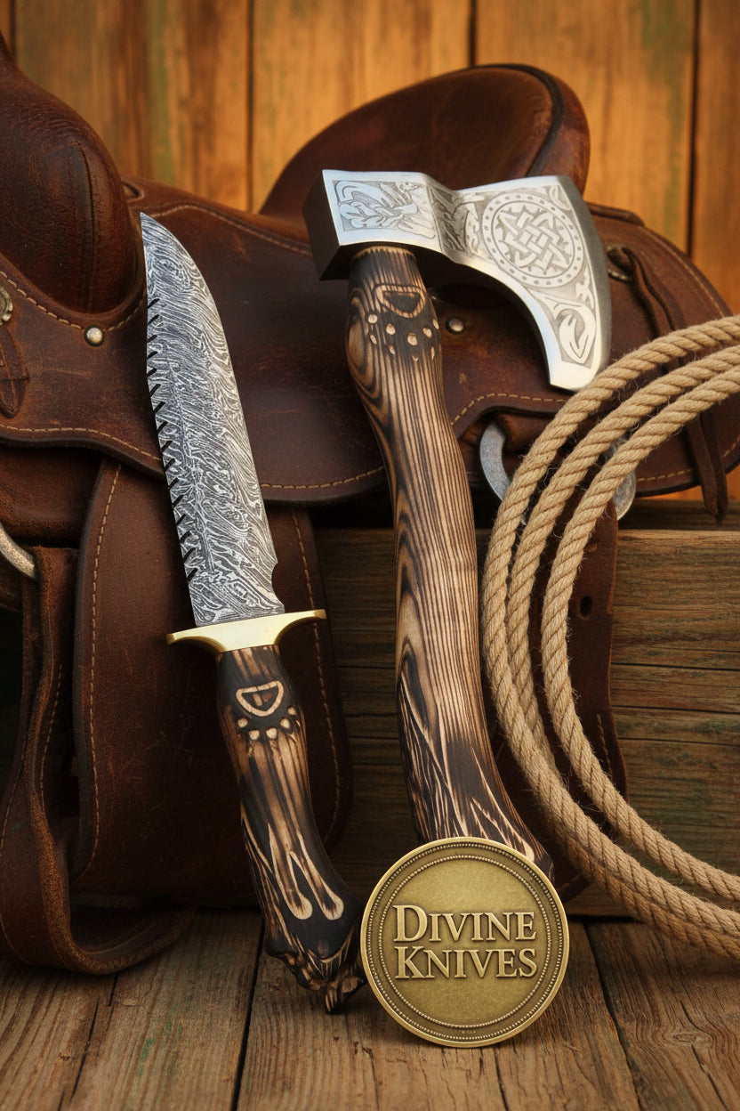 Wolf Head Damascus Bowie Knife with Matching Celtic Tomahawk Axe