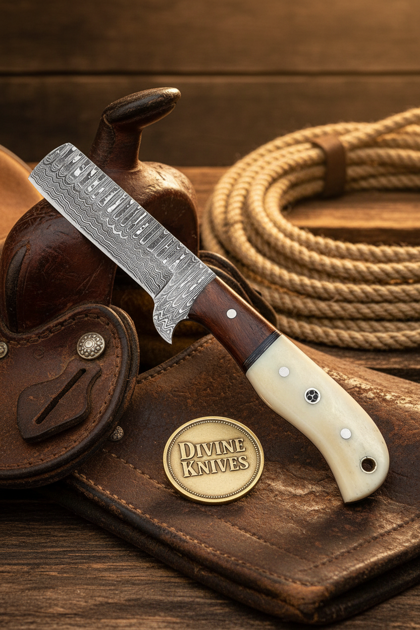 Bone and Wood Bull Cutter Knife with Wood Grain Damascus Blade