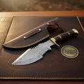 Brass Inlay Sawback Skinner with Banded Hardwood Handle and Snap Close Leather Sheath