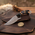 Black Damascus Ring Skinner Knife with Forged Steel Finger