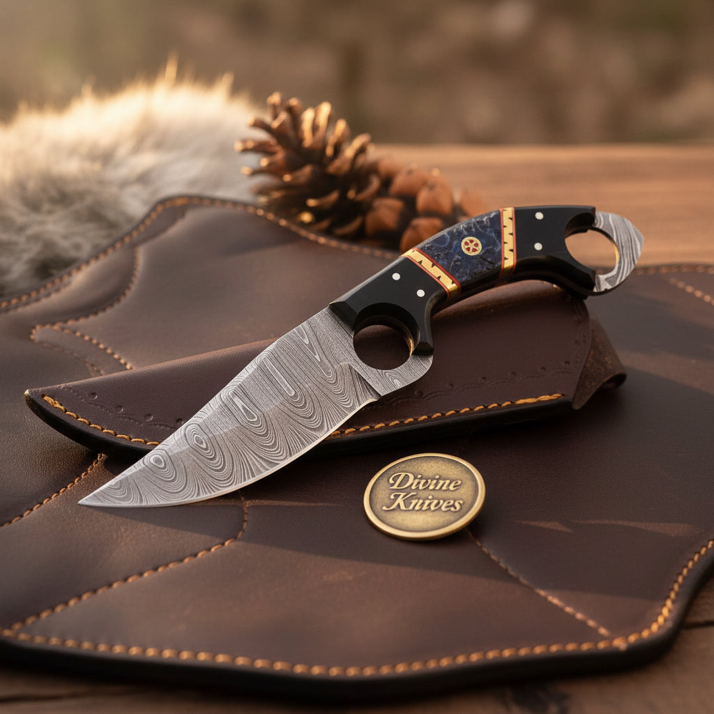 Black Damascus Ring Skinner Knife with Forged Steel Finger