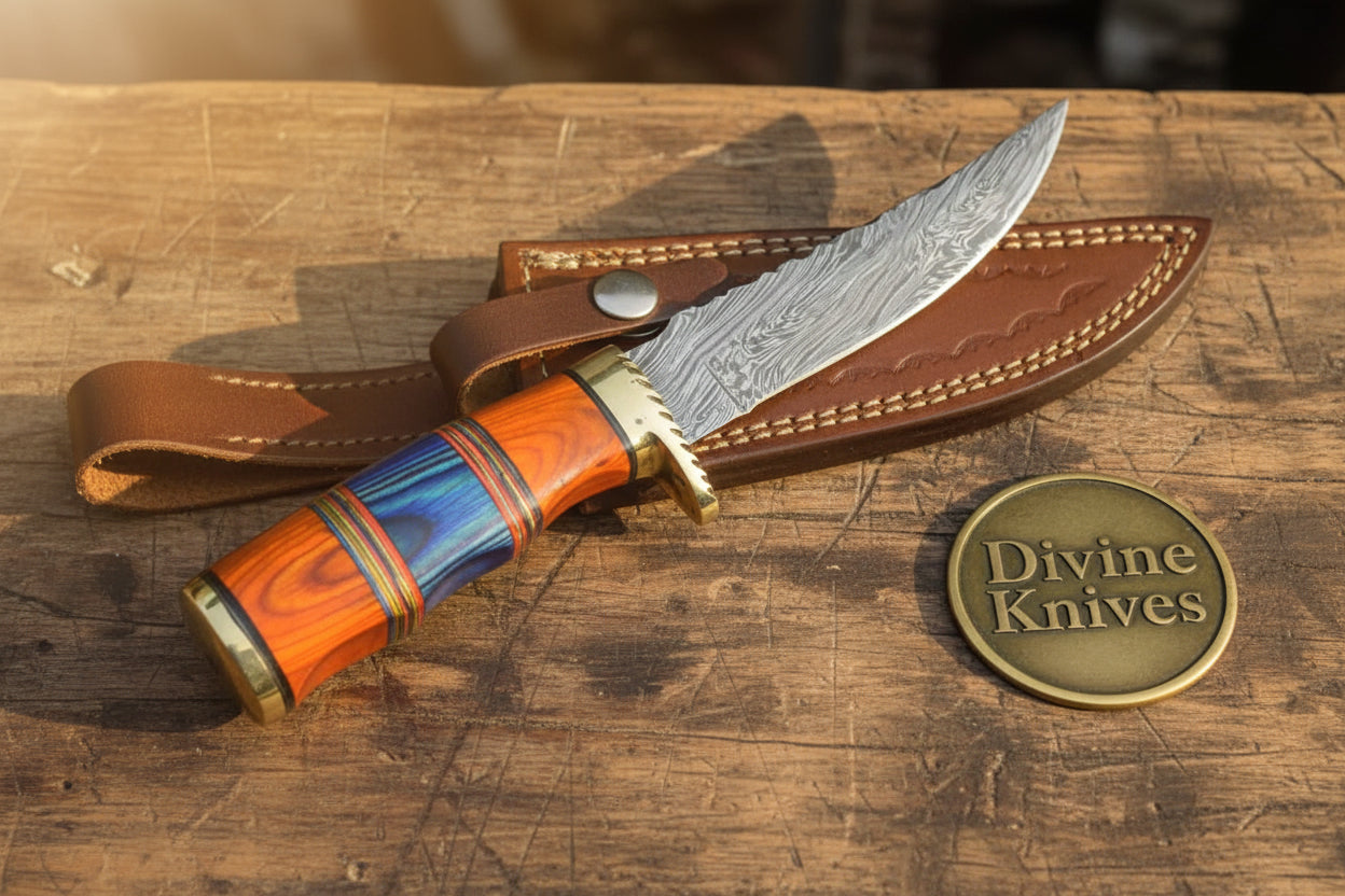 Multi Color Wood Damascus Knife with Brass Bolster Detailing