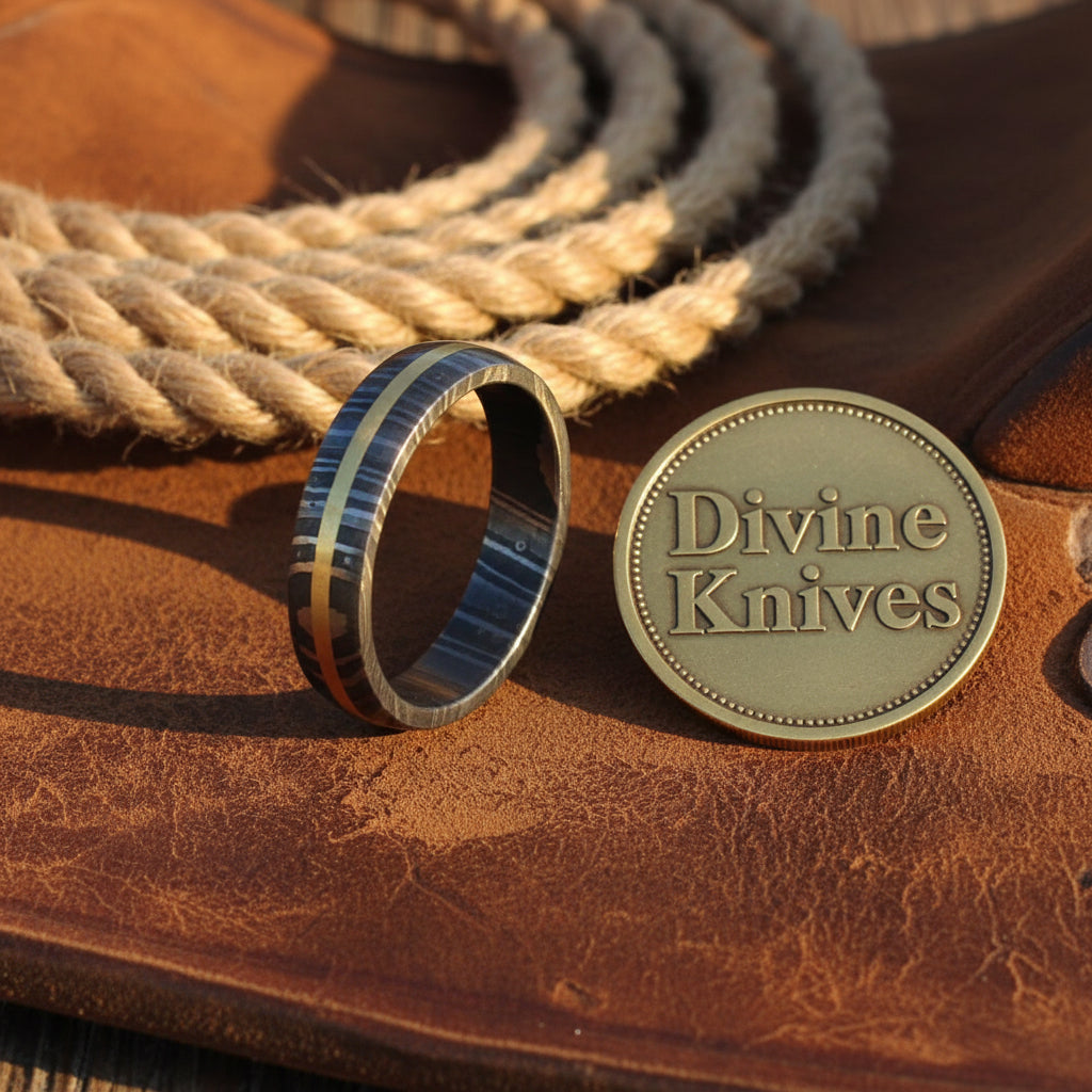 Two-Tone Damascus Steel Ring with Copper Stripe Inlay