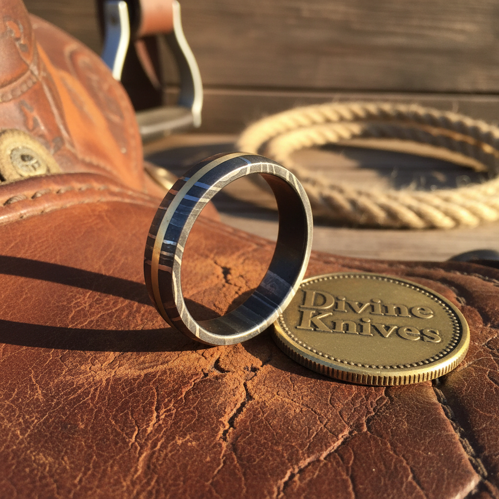 Two-Tone Damascus Steel Ring with Copper Stripe Inlay