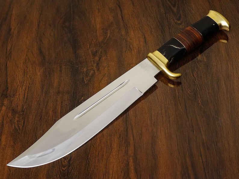 Premium J2 Steel Crocodile Dundee Bowie Knife – 16” with Brass Guard, Buffalo Horn & Leather Handle | Custom Handmade Knife with Leather Sheath