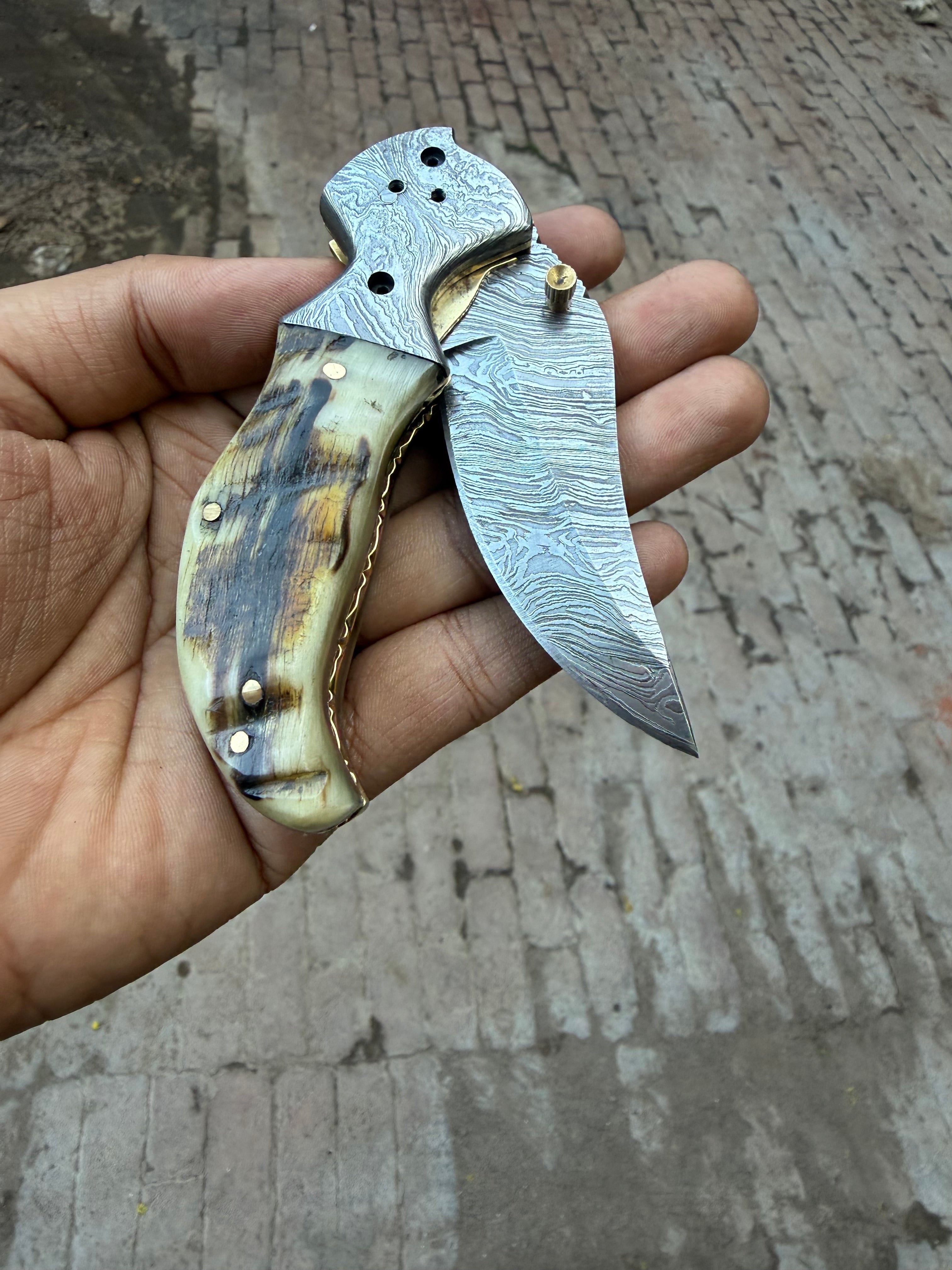 Pearlridge Damascus Folder 7" Handmade Mother of Pearl Lock Back